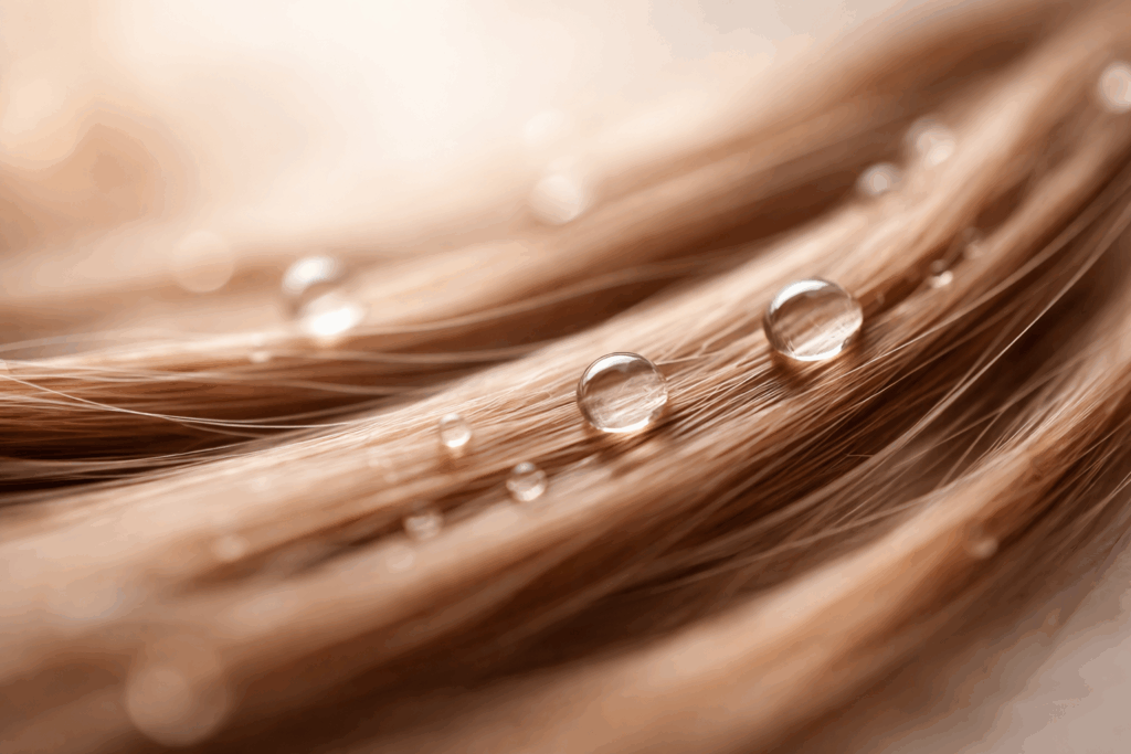 Macro image of healthy hair strands with peptide-inspired droplets, representing advanced, science-driven haircare and hair repair